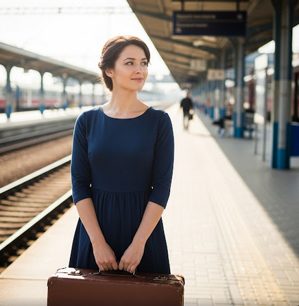 Junge polnische Frau mit freundlichem Blick steht an einem Bahnsteig mit Koffer, blickt nachdenklich in die Ferne – symbolisch für Aufbruch, Neugier und die Suche nach Liebe über Grenzen hinweg.