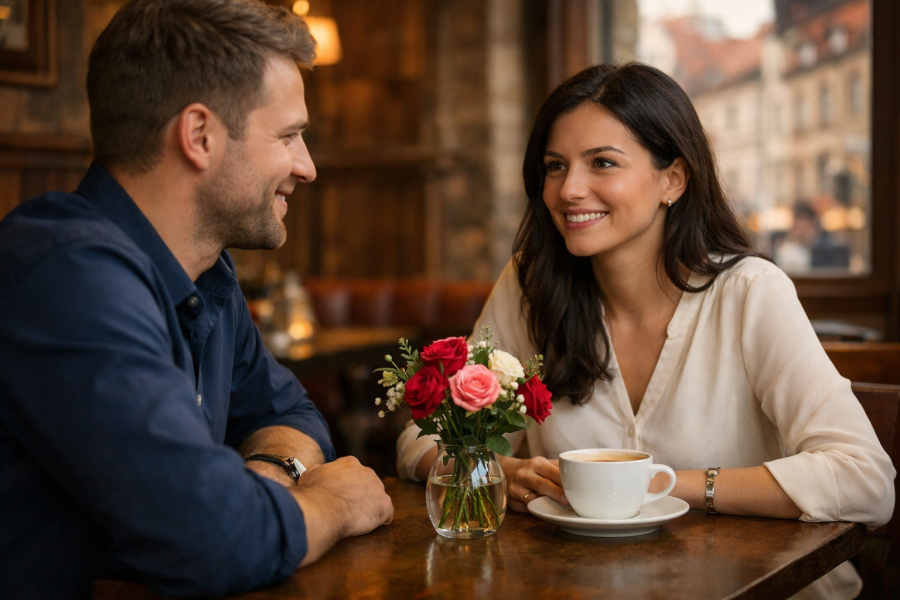 Ein Paar beim ersten Date in einem Café in Polen, der Mann überreicht Blumen, romantische Atmosphäre beim Kennenlernen.