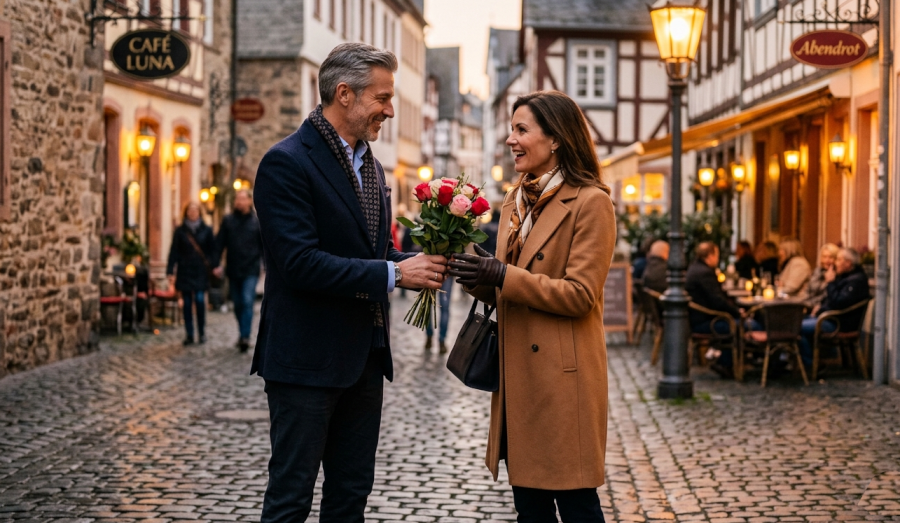 Mann überreicht Frau beim ersten Treffen einen Blumenstrauß als Zeichen von Wertschätzung und Interesse